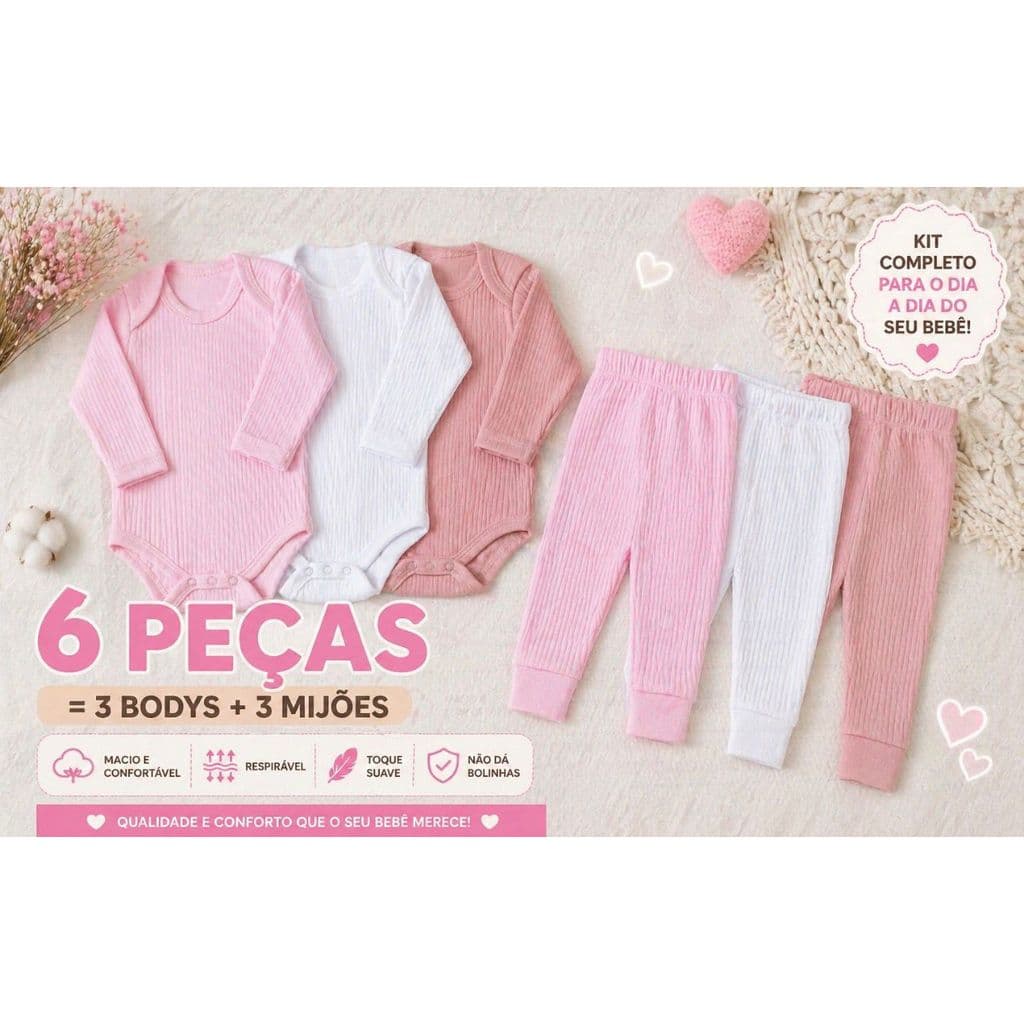 Conjunto Bebê Combo 6 peças Suedine Canelado Calça e Body Enxoval Unissex